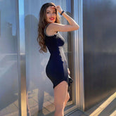 Early Black Waist Slimming Fairy Lady Sweet Slit Knitted Dress